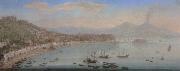 Tommaso Ruiz Naples,a view of the bay seen from posillipo with the omlo grande in the centre and mount vesuvius beyond oil painting artist
